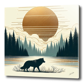 Lone Black Wolf at a Forest Lake