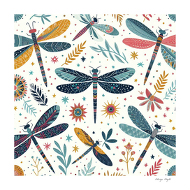 Scandinavian style, Pattern with colorful Dragonfly