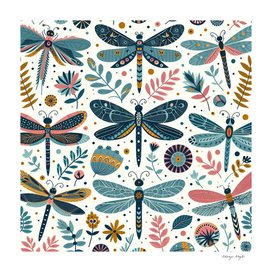 Scandinavian style, Pattern with colorful Dragonfly