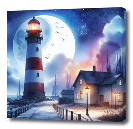 Lighthouse With Bright Full Moon