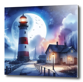 Lighthouse With Bright Full Moon
