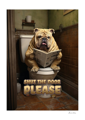Funny dog reading at the toilet