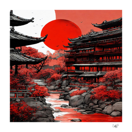 Japanese houses with a large red sun in the background