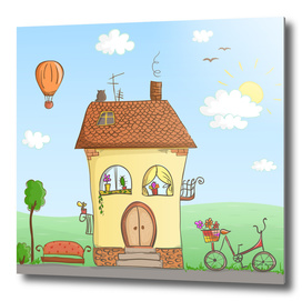 Cartoon house with a bike and balloon