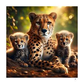 A beautiful mother cheetah with her two cubs in the wild