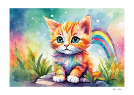 Watercolor cute baby cat with rainbow