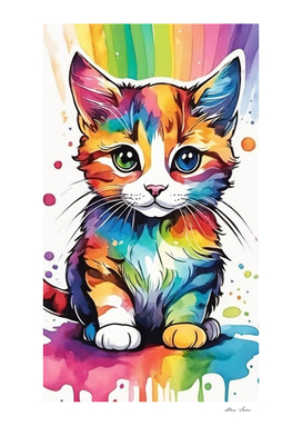 Cute little cat with rainbow colors watercolor style
