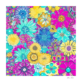 Colorful Floral Poster With Blue, Purple and Yellow Flowers