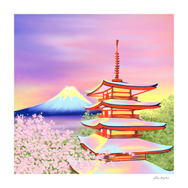 Mt. Fuji with Sakura and Five-storied Pagoda