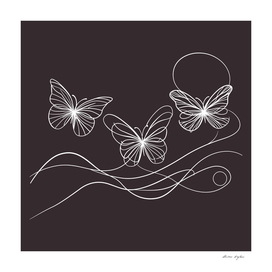Three flying butterflies continuous line drawing