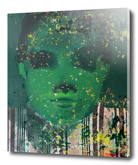 abstracted face in green and yellow by Gela Mikava