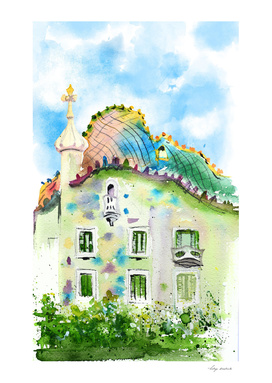 Barcelona watercolor. Gaudi architecture