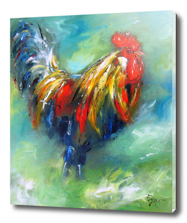 Colorful rooster on green background