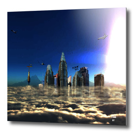 city in the clouds  dark framed print