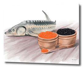 sturgeon fish and caviar hand painting