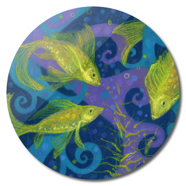 Golden Fish, Underwater Art Blue Purple Yellow