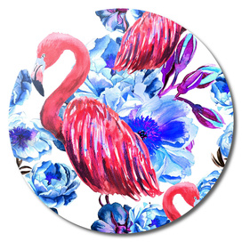 Flamingo in flowers of peonies