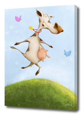 Funny dancing cow on a meadow with butterflies