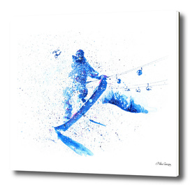 Snowboarder jumping through air at white background