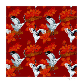 Floral pattern with cranes