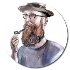 Portrait of a man with a beard and a tobacco pipe