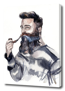 A man's portrait of a sailor with a pipe