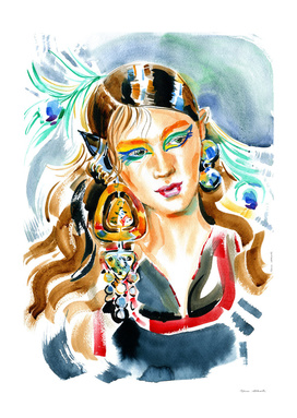 Girl with bright makeup, big earrings and peacock feathers
