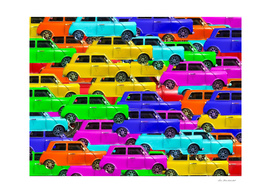 vintage car toy pattern background in yellow blue pink green