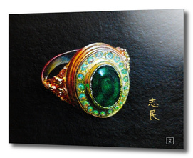Study of a gold ring with green chalcedony and opals
