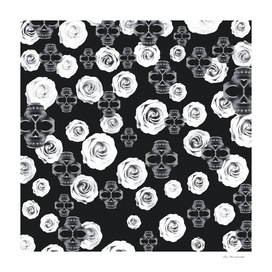 vintage skull and rose abstract pattern in black and white