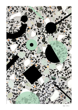 Concrete terrazzo pattern with black/green memphis shapes