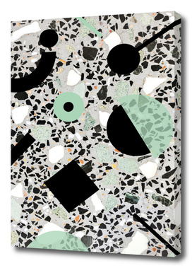 Concrete terrazzo pattern with black/green memphis shapes
