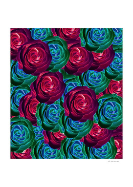closeup blooming roses in red blue and green
