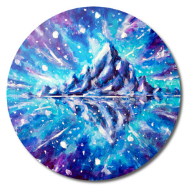 Cosmic mountain landscape with reflection.