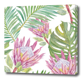 Pattern with protea flowers and tropical leaves.