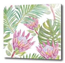 Pattern with protea flowers and tropical leaves.