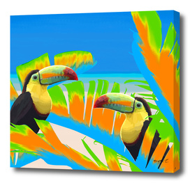 Colorful Toucans Tropical Banana Leaves Pattern
