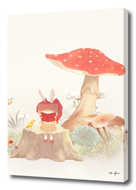 Girl Reading Book Under a Mushroom