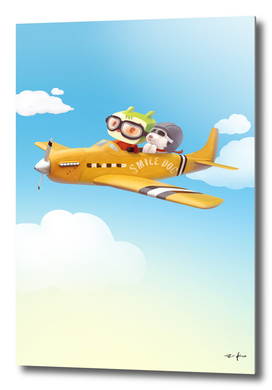 Little pilot and dog on a plane in the Sky