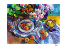 Still life with flowers & fruits