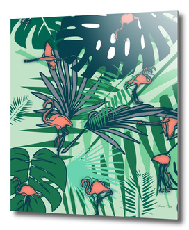 Tropical leaves and flamingos green