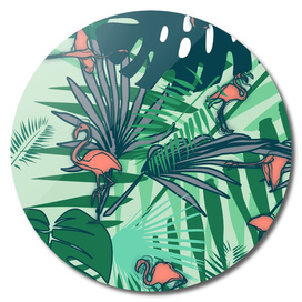 Tropical leaves and flamingos green