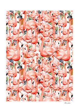 Exotic landscape pattern of flamingos and pineapple