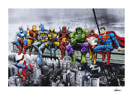 Marvel and DC Superheroes Lunch Atop A Skyscraper