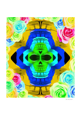 funny skull portrait with colorful roses in pink blue yellow