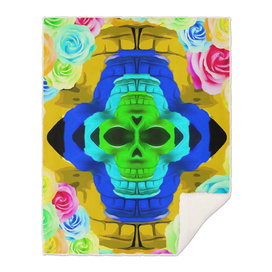 funny skull portrait with colorful roses in pink blue yellow