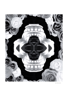funny skull portrait with roses in black and white