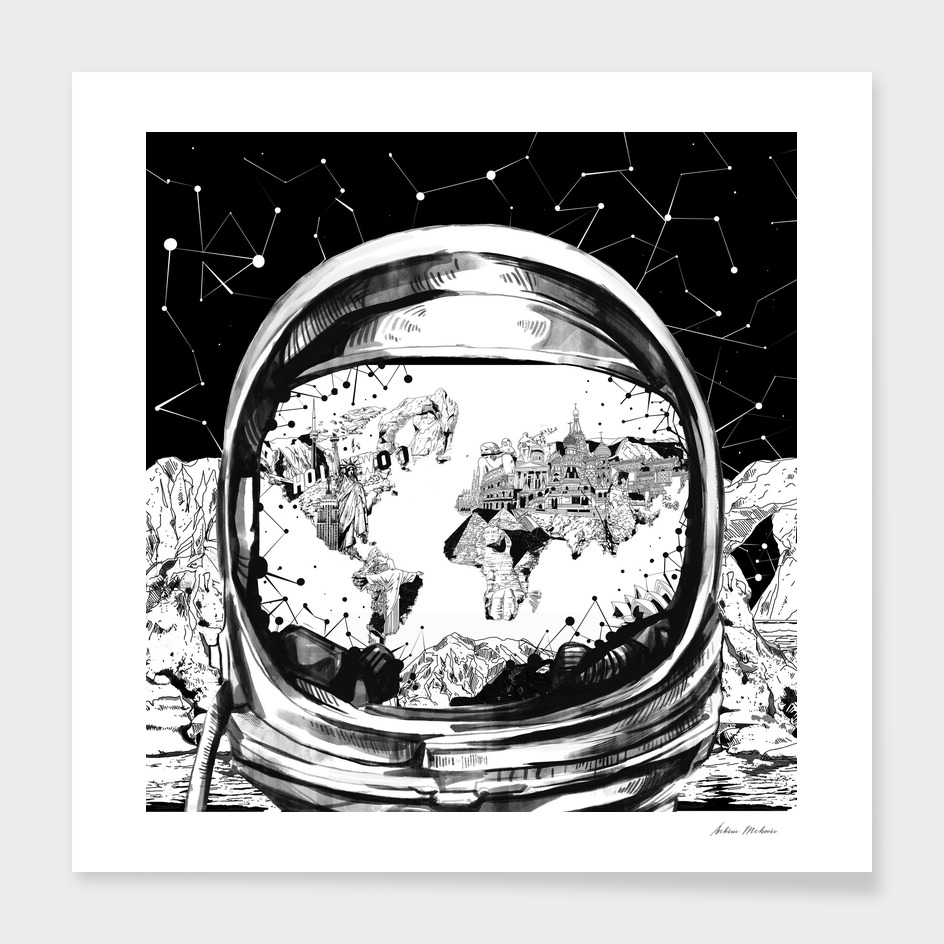 astronaut world map black and white 2
