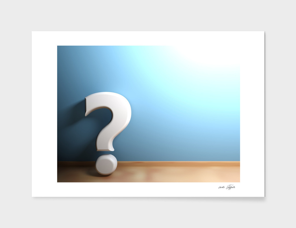 White question mark leaning at blue wall - 3D rendering