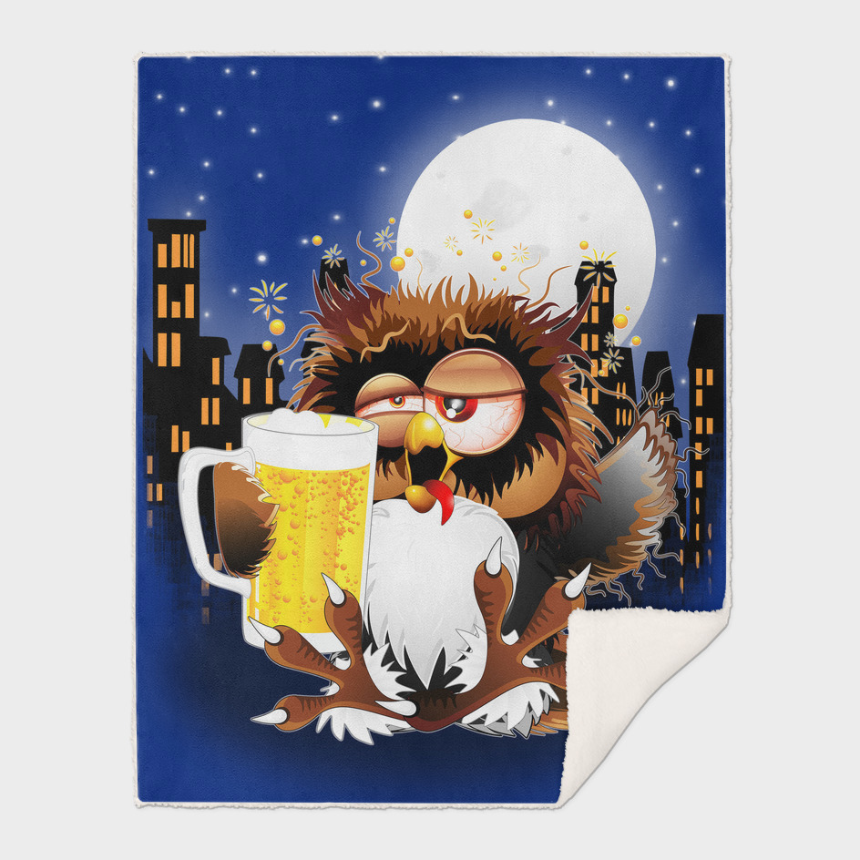 Drunk Owl with Beer Funny Character